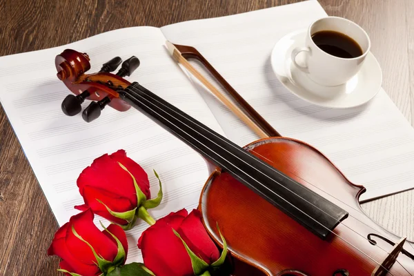 Roses rouges et un violon — Photo