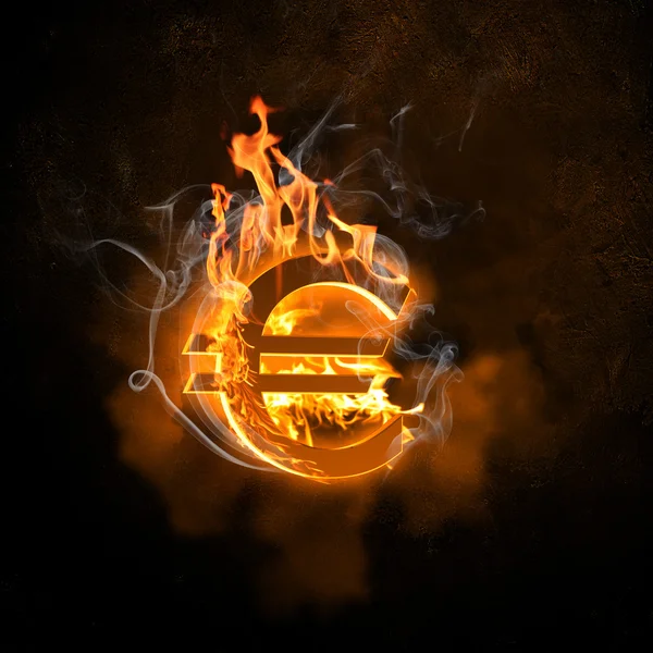 Euro simgesi yangın alevler içinde — Stok fotoğraf