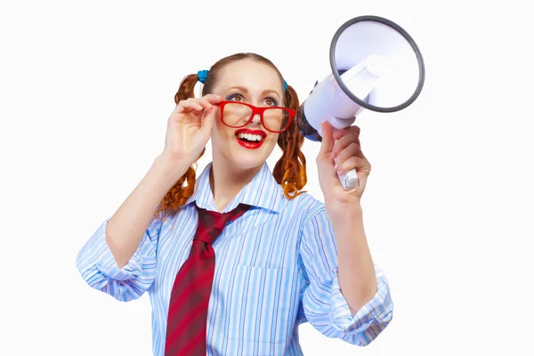 Young funny woman in red glasses — Stock Photo, Image