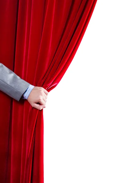 Close up of hand opening red curtain. Place for text — Stock Photo, Image