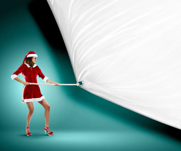 Santa girl with banner — Stock Photo, Image