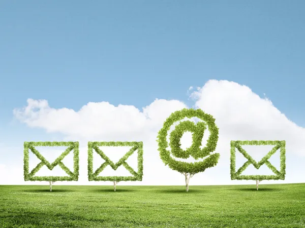 Konzeptionelles Bild einer grünen Pflanze in Form eines E-Mail-Schildes — Stockfoto