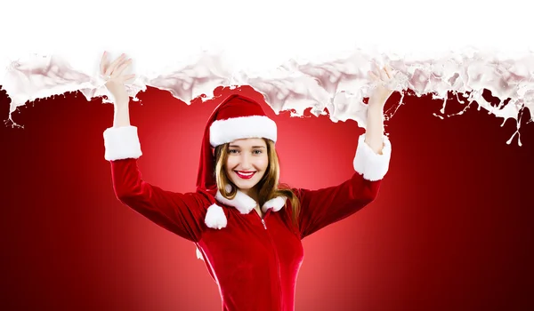 Santa girl with banner — Stock Photo, Image