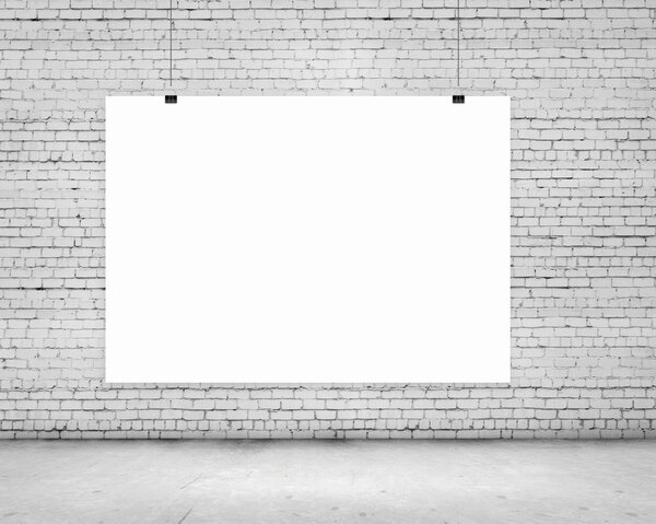 Blank white banner hanging on wall. Place for text