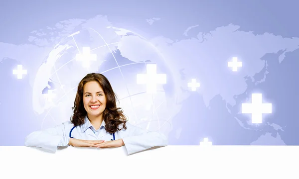 Medico con banner — Foto Stock