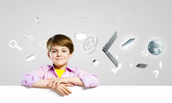 Kid with banner — Stock Photo, Image