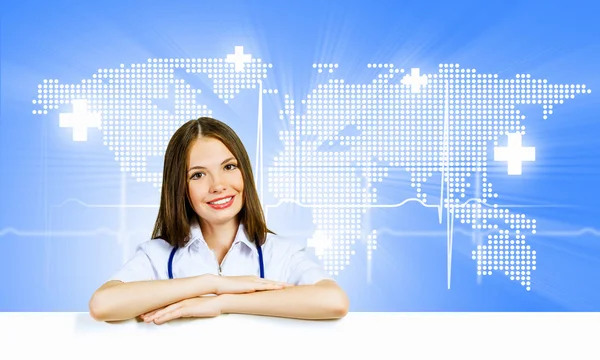 Medico con banner — Foto Stock