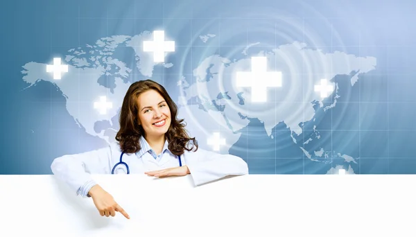 Medico con banner — Foto Stock