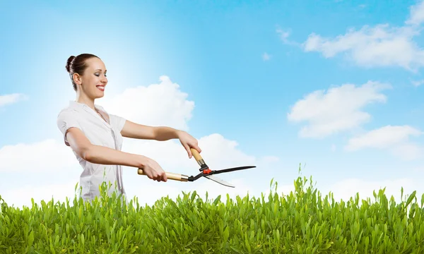 Woman cutting lawn — Stock Photo, Image