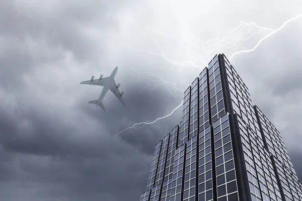 Airplane above city — Stock Photo, Image