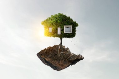 Yeşil çimlerin üzerinde Küçük Eko Evi