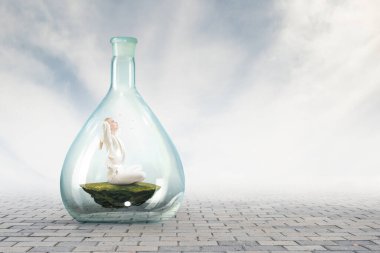 İş kadını nilüfer çiçeğiyle yoga yapıyor cam şişenin içinde poz veriyor.