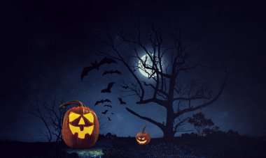 Balkabaklarıyla cadılar bayramı resmi. Karışık ortam