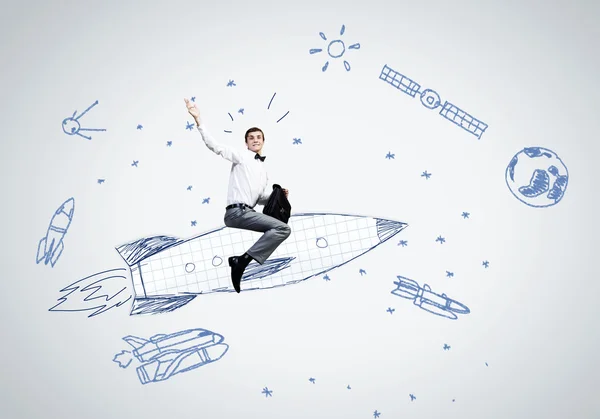 Empresário voando em foguete desenhado — Fotografia de Stock