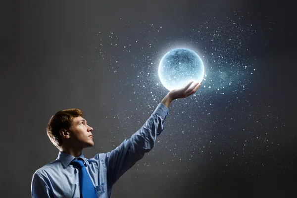 Businessman holding moon planet — Stock Photo, Image