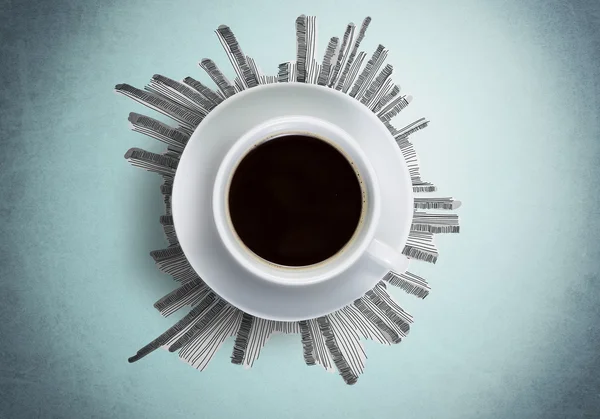 Cup of coffee against sketch background — Stock Photo, Image