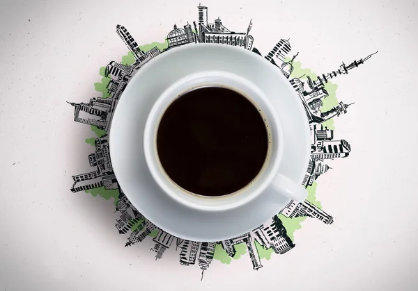 Šálek kávy pozadí skici — Stock fotografie