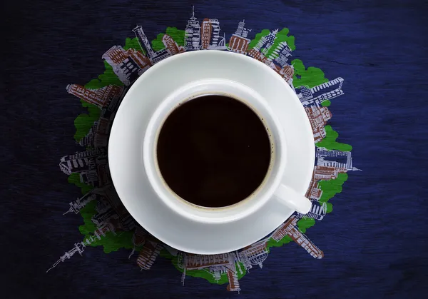 Xícara de café contra esboço de fundo — Fotografia de Stock
