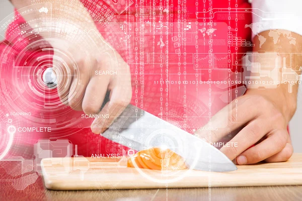 Hands cutting vegetables with knife — Stock Photo, Image