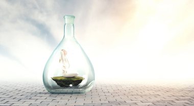 İş kadını nilüfer çiçeğiyle yoga yapıyor cam şişenin içinde poz veriyor. Karışık ortam