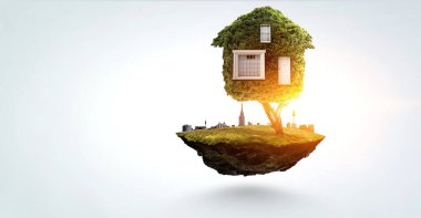 Yeşil çimlerin üzerindeki küçük Eco House. Karışık ortam
