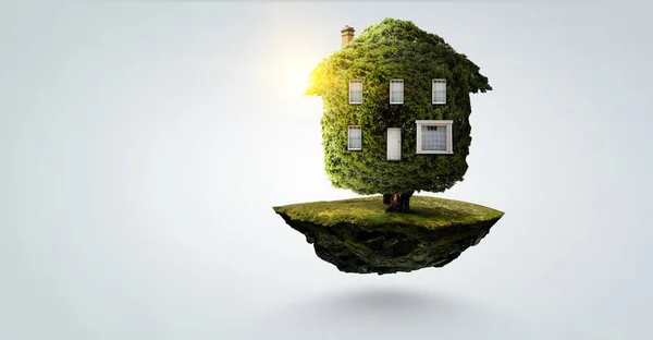 Little Eco House on the green grass . Mixed media — Stock Photo, Image