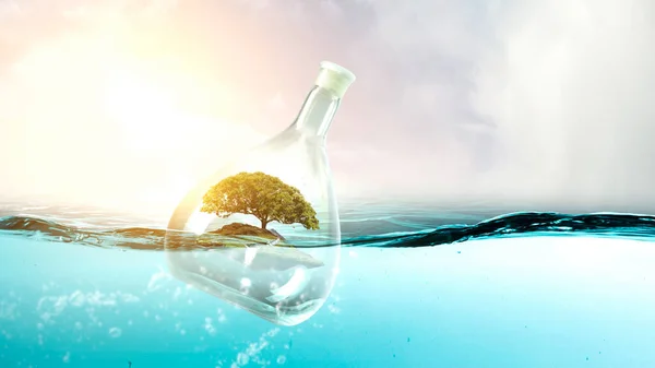 Baum, der in einer schwimmenden Glasflasche wächst. Gemischte Medien — Stockfoto