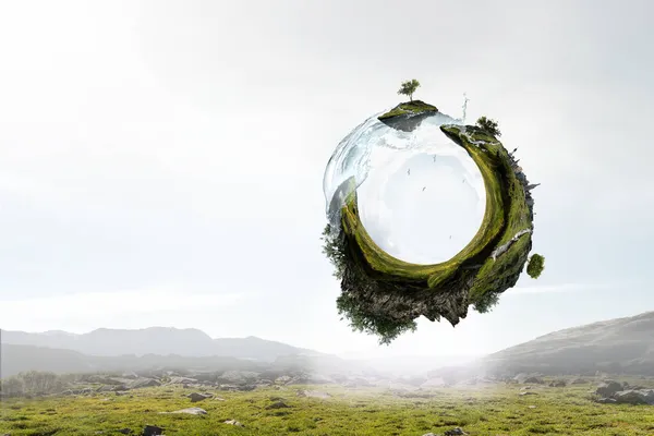 Paysage de la sphère verte avec herbe et eau claire — Photo