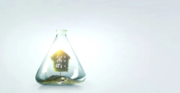 House inside a floating glass bottle . Mixed media — Stock Photo, Image