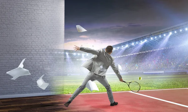 Businessman playing tennis . Mixed media — Stock Photo, Image