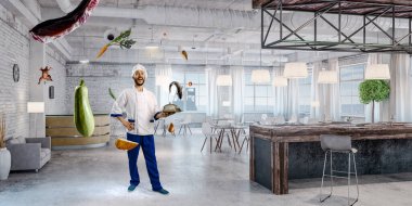 Uçan yiyecekler. Sağlıklı beslenme. Karışık ortam