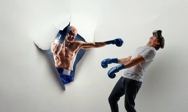 Young man boxing. . Mixed media — Stock Photo, Image