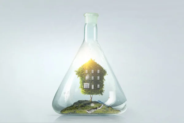 Hus inuti en flytande glasflaska — Stockfoto