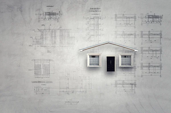 Concepto de la industria de la construcción con borradores y planos. Medios mixtos — Foto de Stock