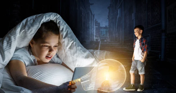 World of books concept with reading child — Stock Photo, Image