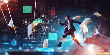 Çalışan enerjik iş adamının portresi. Karışık ortam