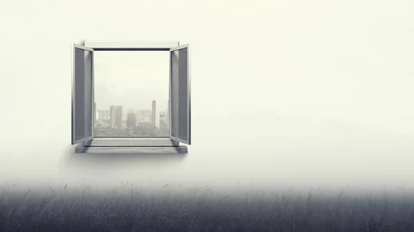 Fenster mit Blick auf die Stadt öffnen — Stockfoto