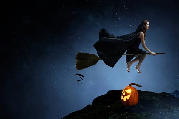 Witch on the broom . Mixed media — Stock Photo, Image