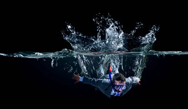 Funny Businessman Swimming Underwater Mixed Media — Stock Photo, Image