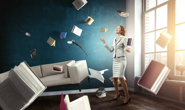 Business Woman Papers Books Her Mixed Media — Stock Photo, Image