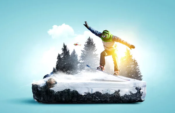 Snowboardåkare Och Alpernas Landskap Blandade Medier — Stockfoto