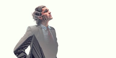 Yakışıklı, kendine güvenen bir iş adamının portresi. Liderlik kavramı. Karışık ortam