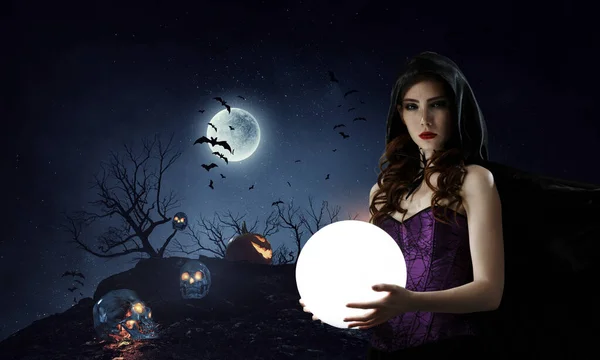 Beautiful Young Woman Witches Hat Costume Halloween Art Design Mixed — Stock Photo, Image