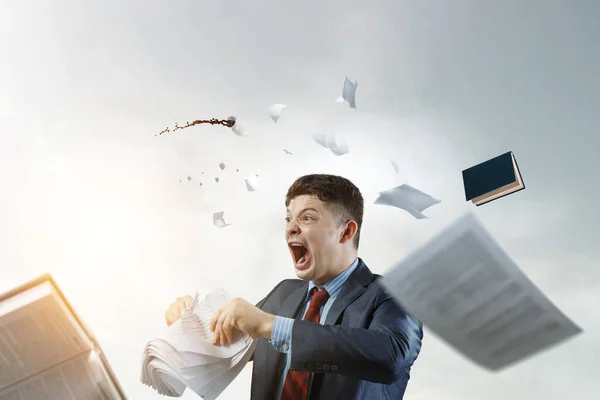 Young Stressed Man Mad Work Ripping Documents Frustrated Facial Expression — Stock Photo, Image