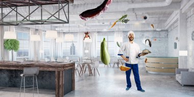 Uçan yiyecekler. Yemek pişirme uygulaması. Karışık ortam