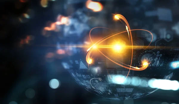 Nanotechnologie Molekula Obraz Atomového Modelu Smíšená Média — Stock fotografie