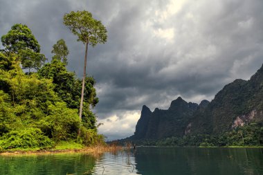 Sunlit island in the middle of the lake Cheo Lan in Thailand