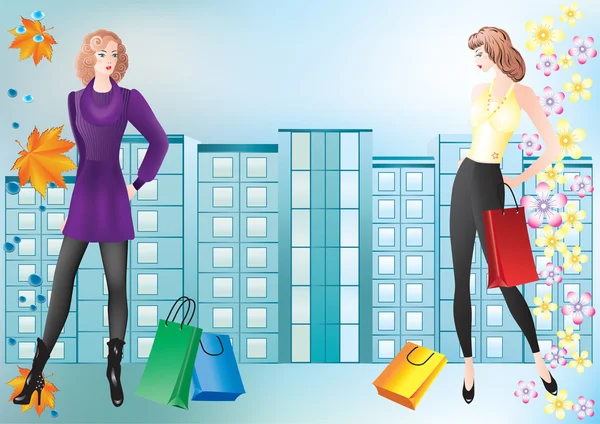 Chicas con compras . — Vector de stock