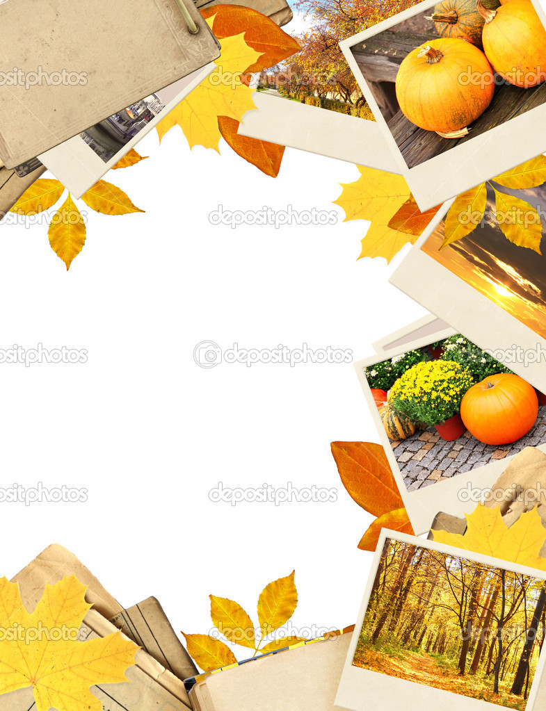 Frame with autumn leaves and photos