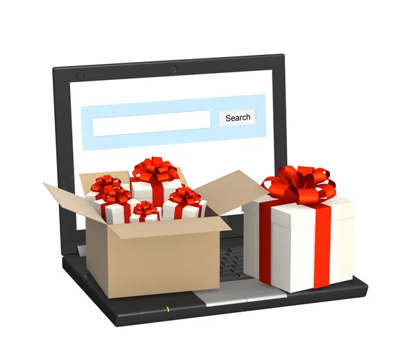 Laptop en vele geschenken — Stockfoto